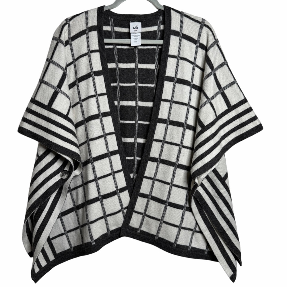 CAbi Black & White‎ Windowpane Grid Striped Knit Wrap Poncho Cardigan XS/S